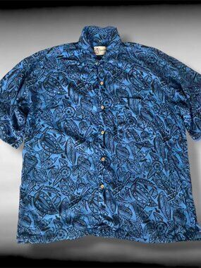 Vintage Blueprint Blue Black Tribal Print Aloha Hawaiian Shirt Men's XL EUC